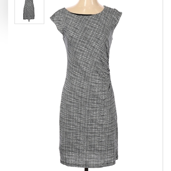 LOFT Black White Sheath Dress Cap Sleeves Gathered Side Waist Women's Small S - Picture 9 of 12